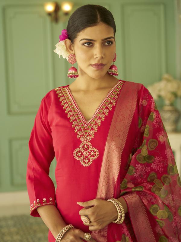 VP 9820 P Beads Embroidered Pink Women Kurta Sets With Dupatta Straight Suits