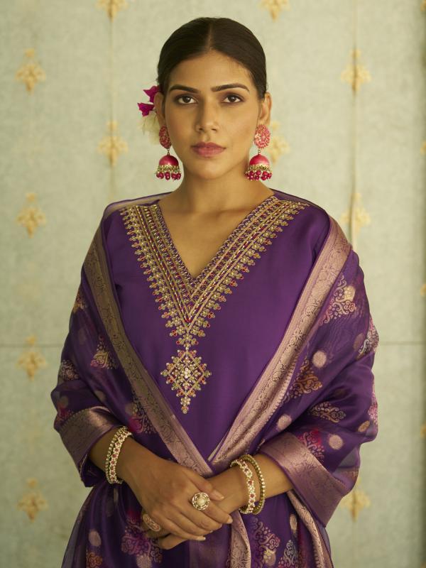 VP 9820 P Apeksha Elegant Silk Blend Kurta Set with Beaded Embroidered Design & Organza Dupatta