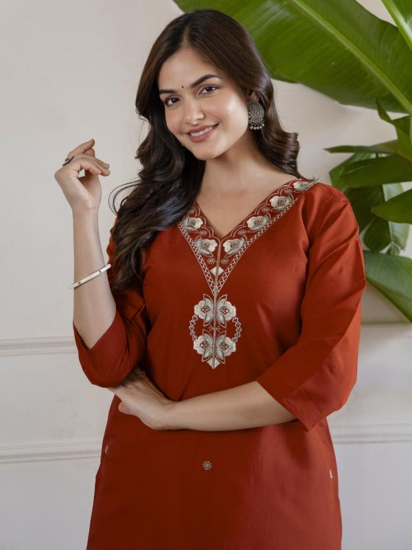 VP 9891 R Roman Silk Embroidered Straight Kurti