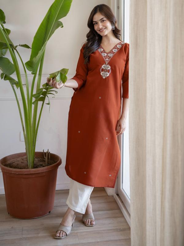 VP 9891 R Roman Silk Embroidered Straight Kurti