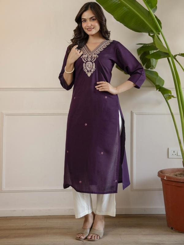 VP 9891 P Women’s Viscose Roman Silk Floral Embroidery Motif Straight Kurta Design