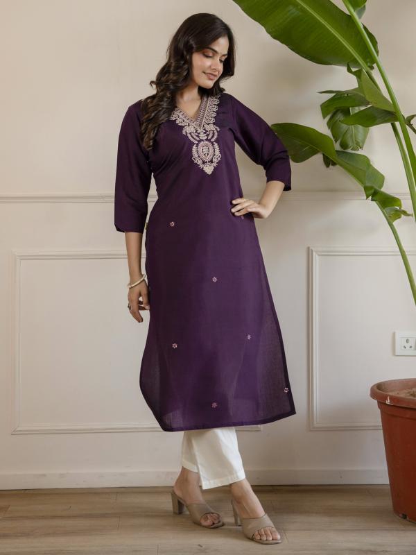 VP 9891 P Women’s Viscose Roman Silk Floral Embroidery Motif Straight Kurta Design