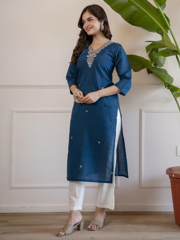 VP 9891 T Women’s Viscose Roman Silk Floral Embroidery Motif Straight Kurta Design