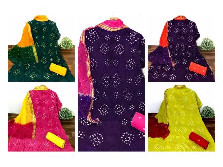Magenta bandhani print anarkali having front potli buttons and loop. It has  a round neck and 3/4 sle… | Bandhani dress, Kurta designs women, Indian  designer outfits