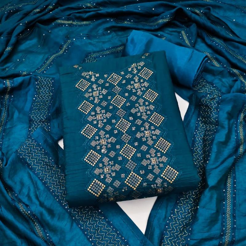 Chanderi silk dress material 3 piece chanderi silk suit material with  handblock print blue code 6