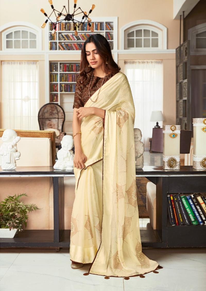 Cream embroidered fancy raw-silk designer saree with unique buttas, contrast  patch-work border & intricate chevron pallu