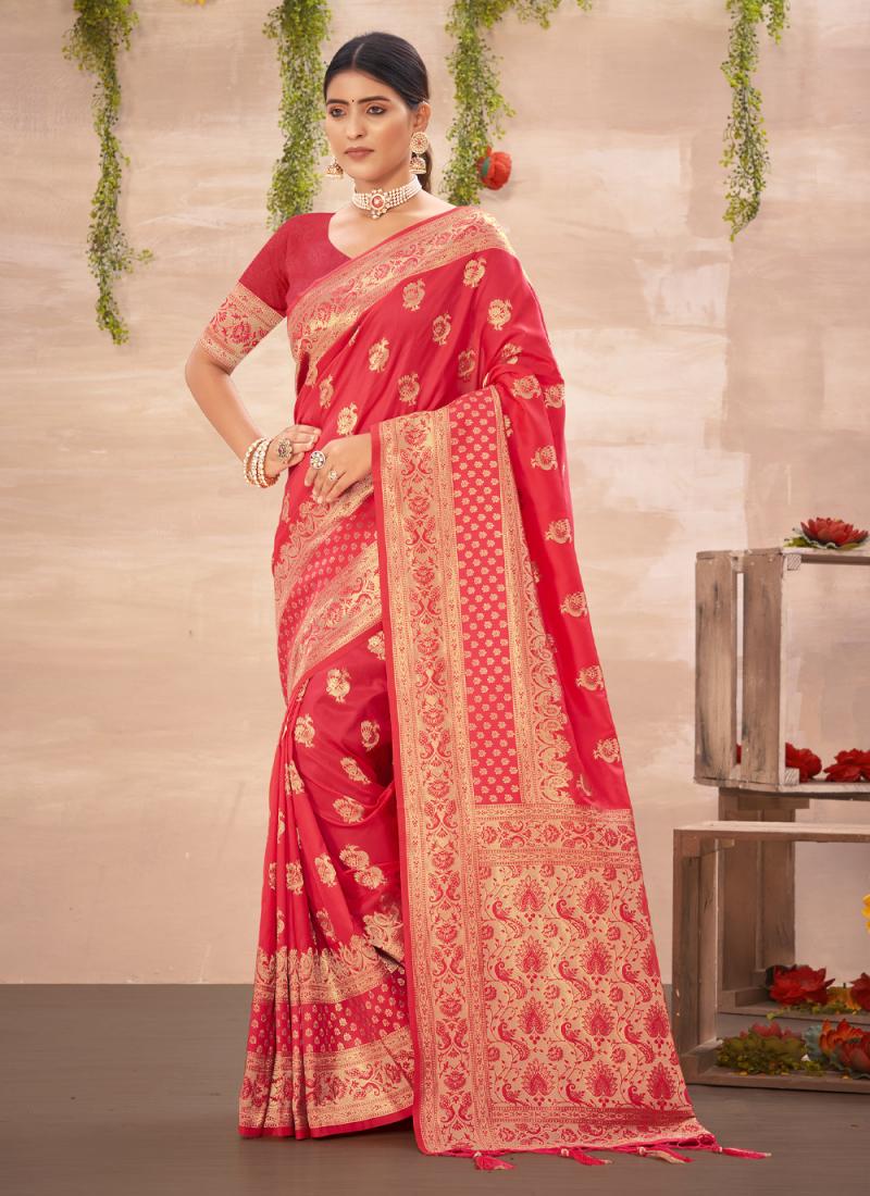 Red checked banarasi saree with zari border