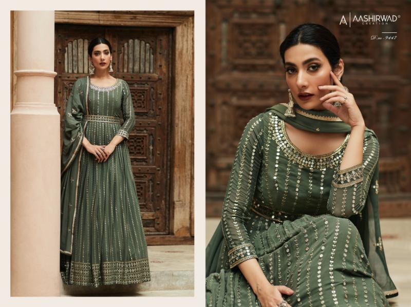 Aashirwad Andaz Gold Real Georgette Wholesale Designer Long Gown With  Dupatta Catalog