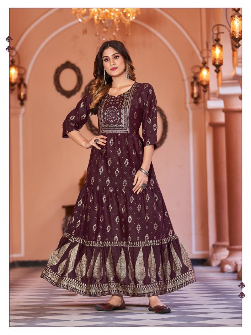 PICK AND CHOOSE BY S3FOREVER - RAYON FANCY ANARKALI KURTI WITH 3/4TH SLEEVE  - WHOLESALER AND DEALER