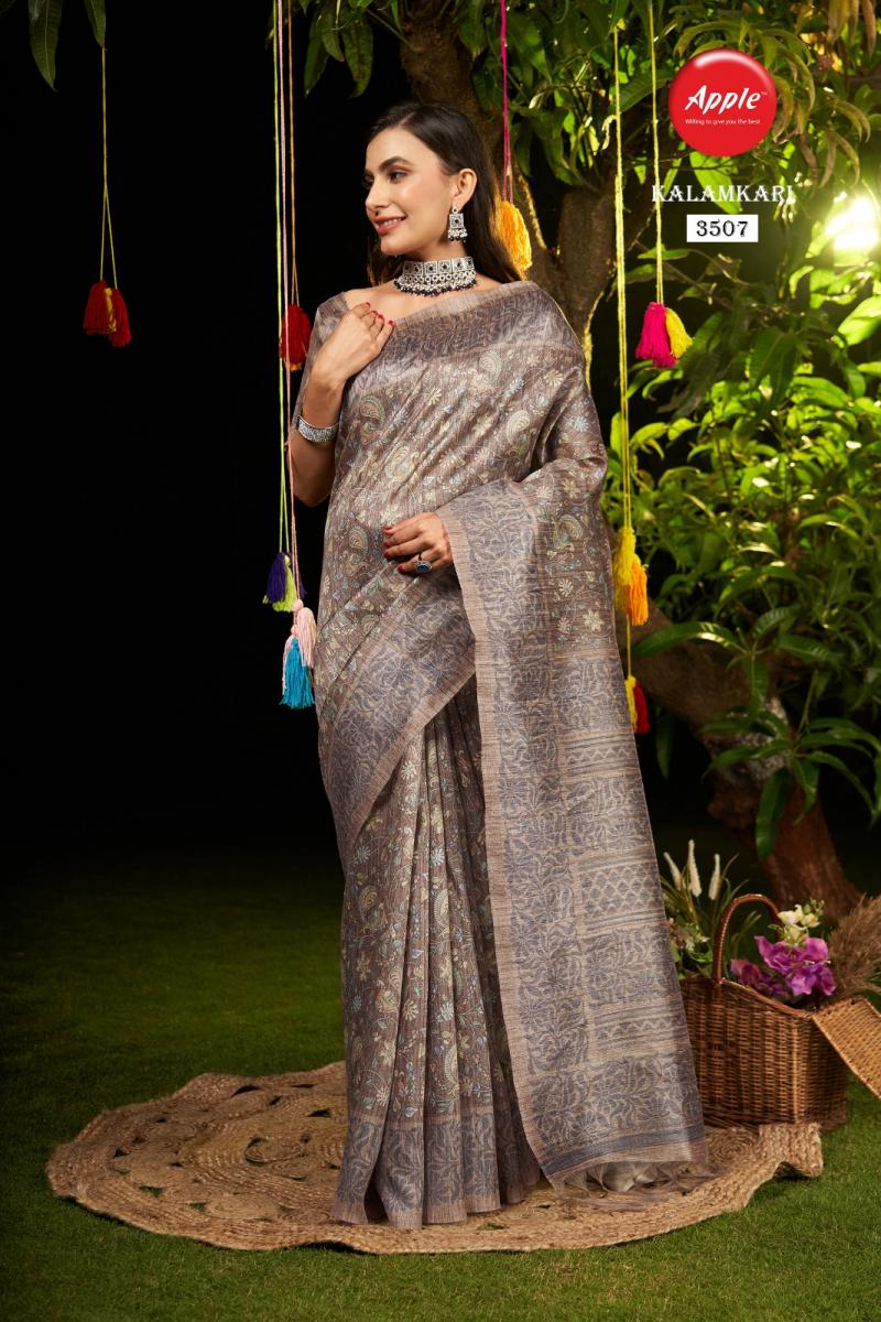 Buy Linen Grey Traditional Kalamkari Printed Saree Online. – Odette