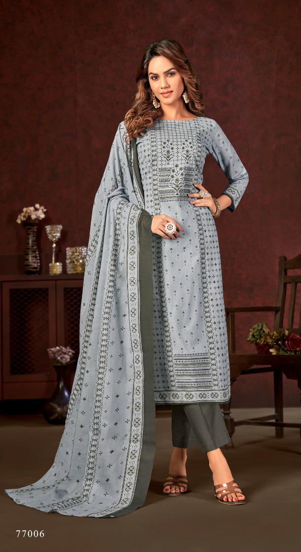white christmas dresses Cream-Blue Printed Pure Cotton Dress Material main image 0