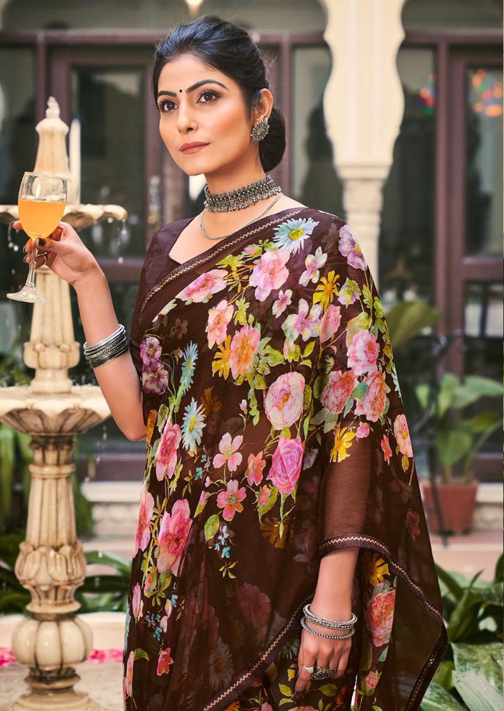 Black Floral Print Chiffon Saree