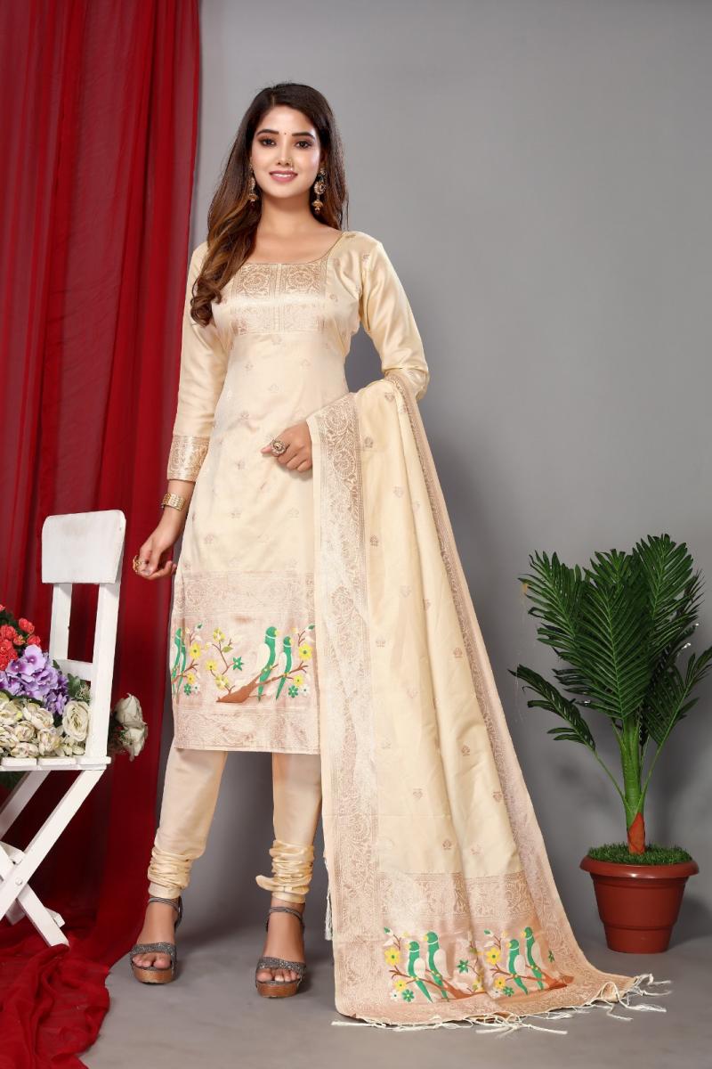 Hand Block Printed Maheshwari Silk Salwar Kameez Dress Material