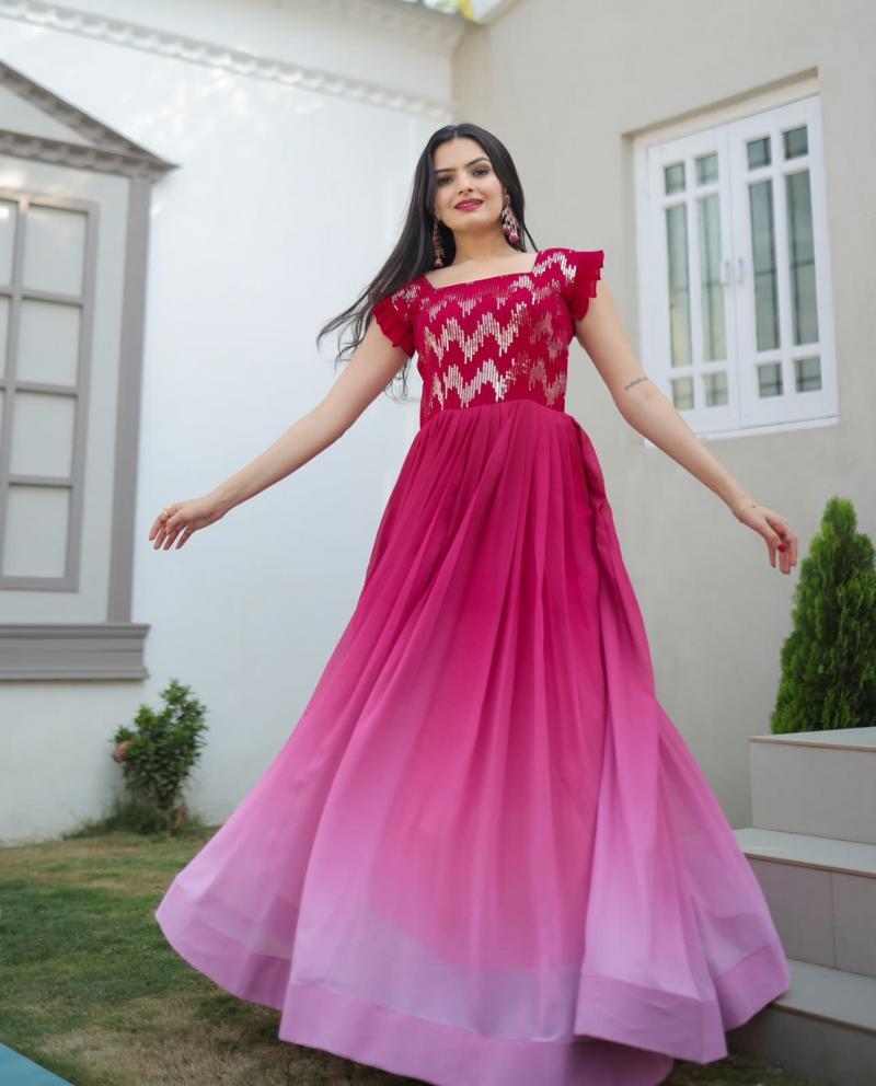 Party Style Pink Color Designer Fancy Work Gown In Net Fabric