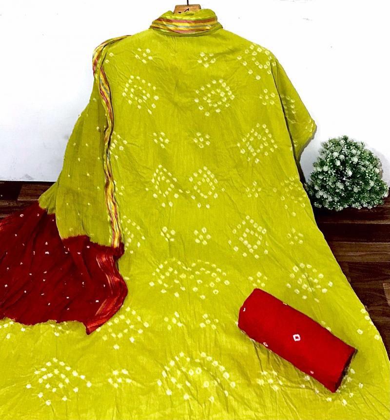 Colorful Original Bandhani Suit & Dress Material, Pure Cotton, Dark Green,  Top 2.5 Meters - Easy Shopping India