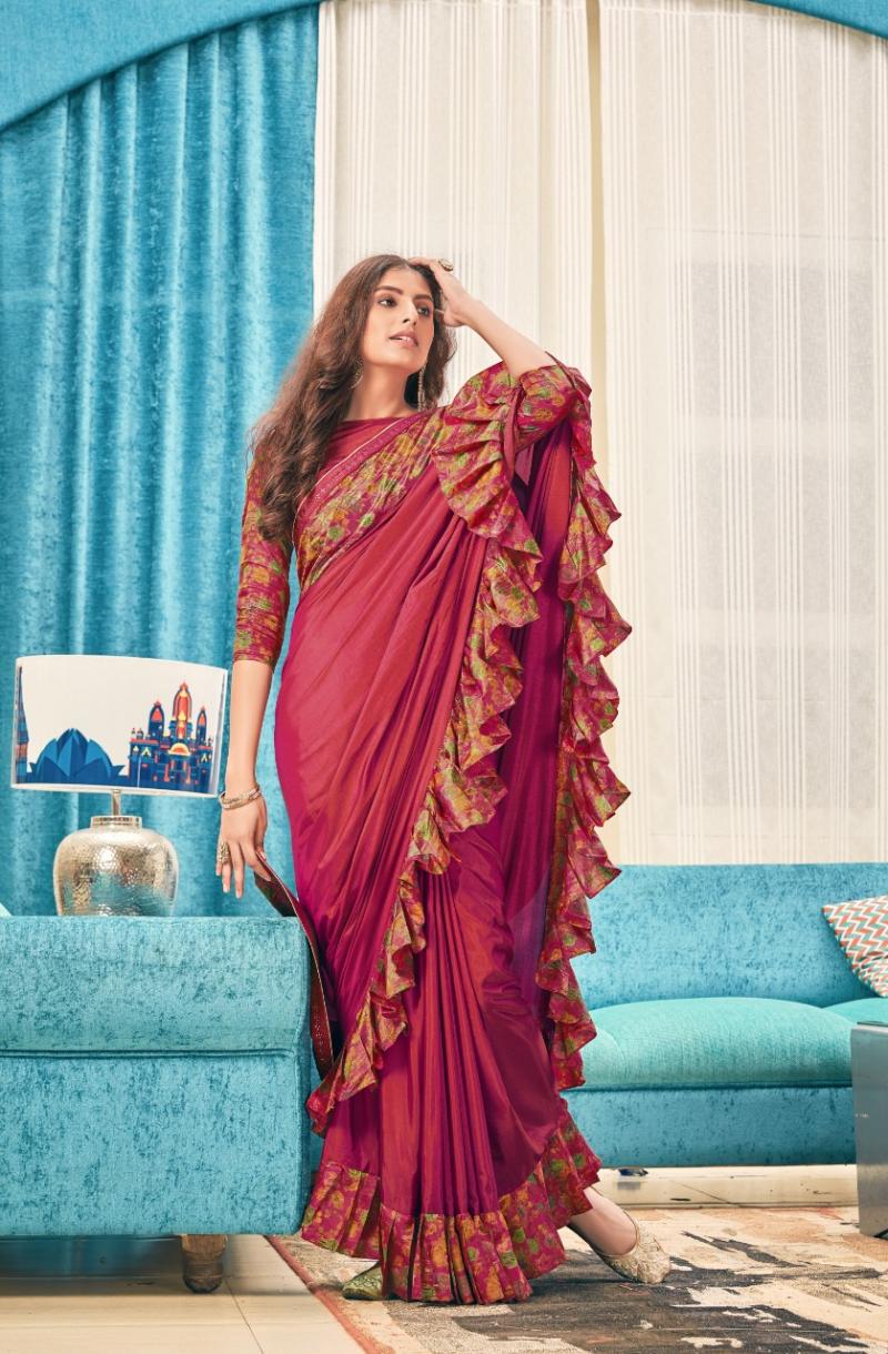 Buy Pink Blouse Net Embroidery Sequins V Pre-draped Ruffle Saree With For  Women by Merge Design Online at Aza Fashions.