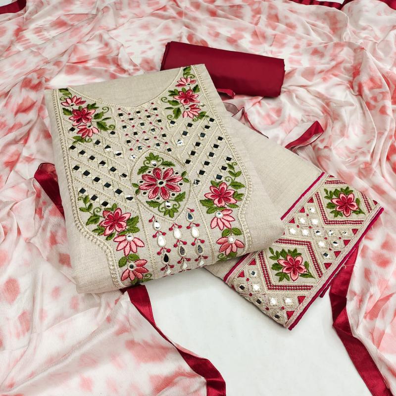 cotton mirror work dress materials Cotton Satin Neckline Mirror Thread work Bandhani Dress Material  (Unstitched)